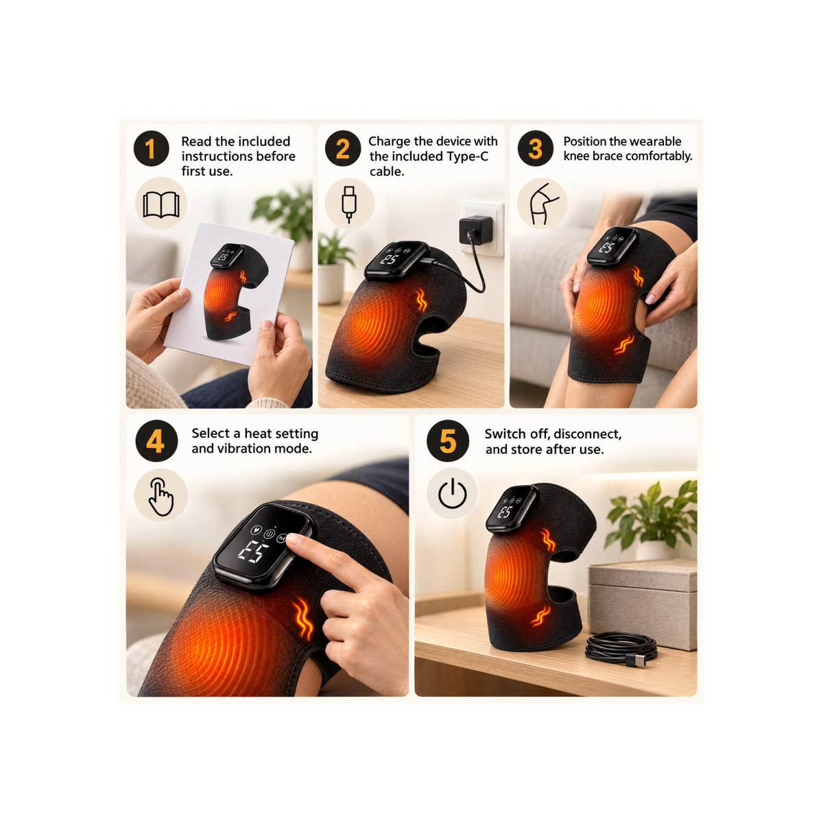 Comfortley black knee massager with heat and vibration how to use graphic
