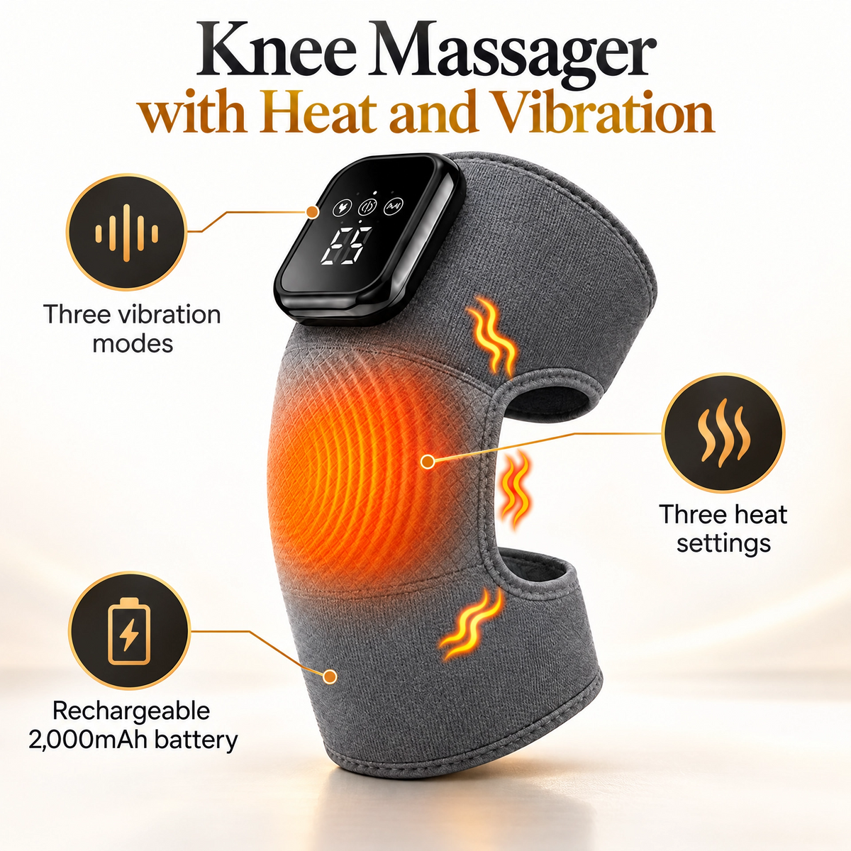 Comfortley gray knee massager with heat and vibration feature graphic