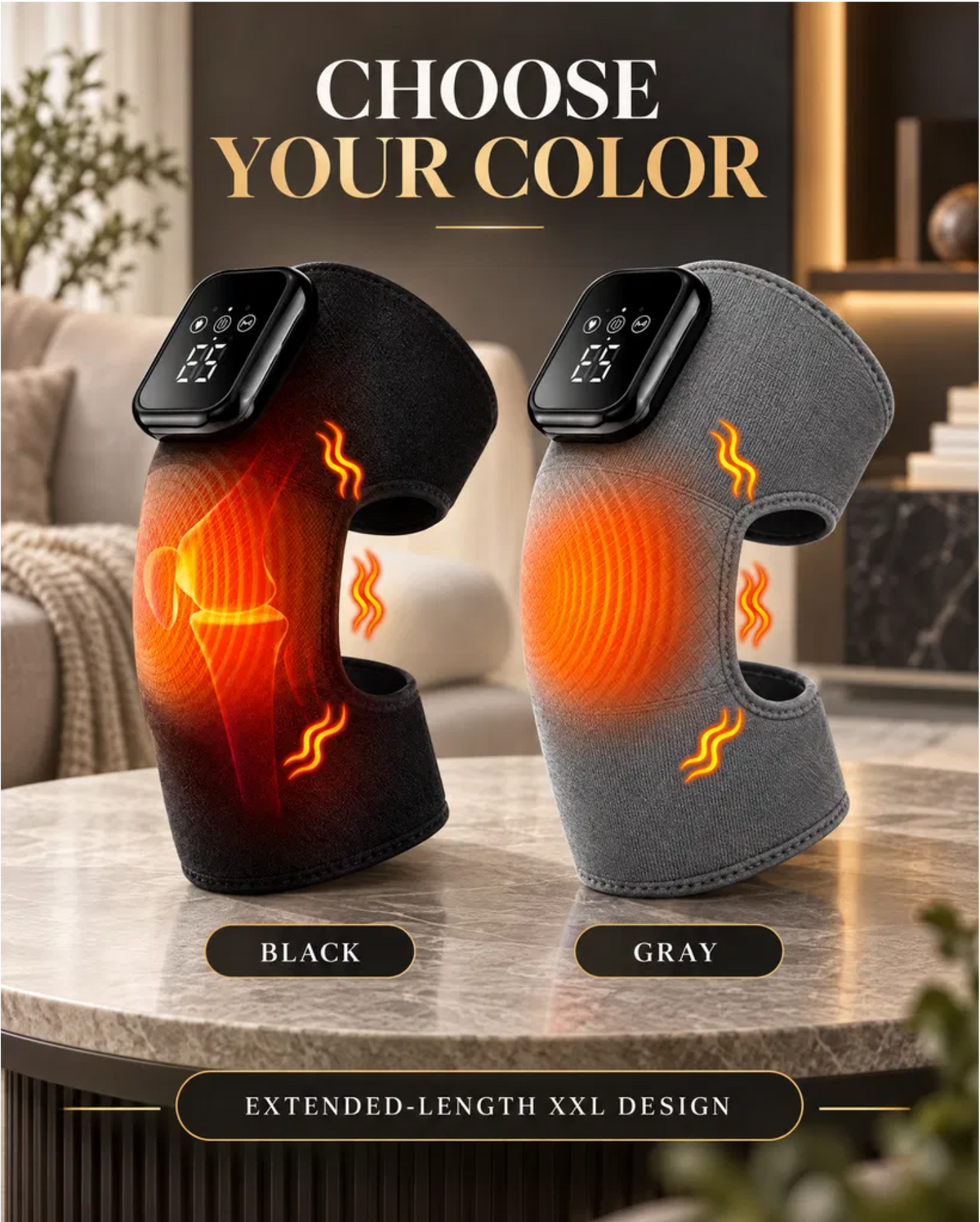 Comfortley knee massager with heat and vibration lifestyle graphic showing color variants