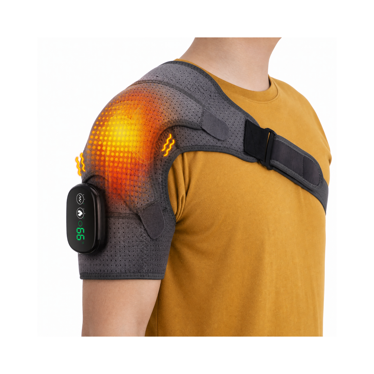 Pure Gray heated shoulder warmer worn with mustard shirt, face not shown, lifestyle view