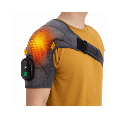 Pure Gray heated shoulder warmer worn with mustard shirt, face not shown, lifestyle view