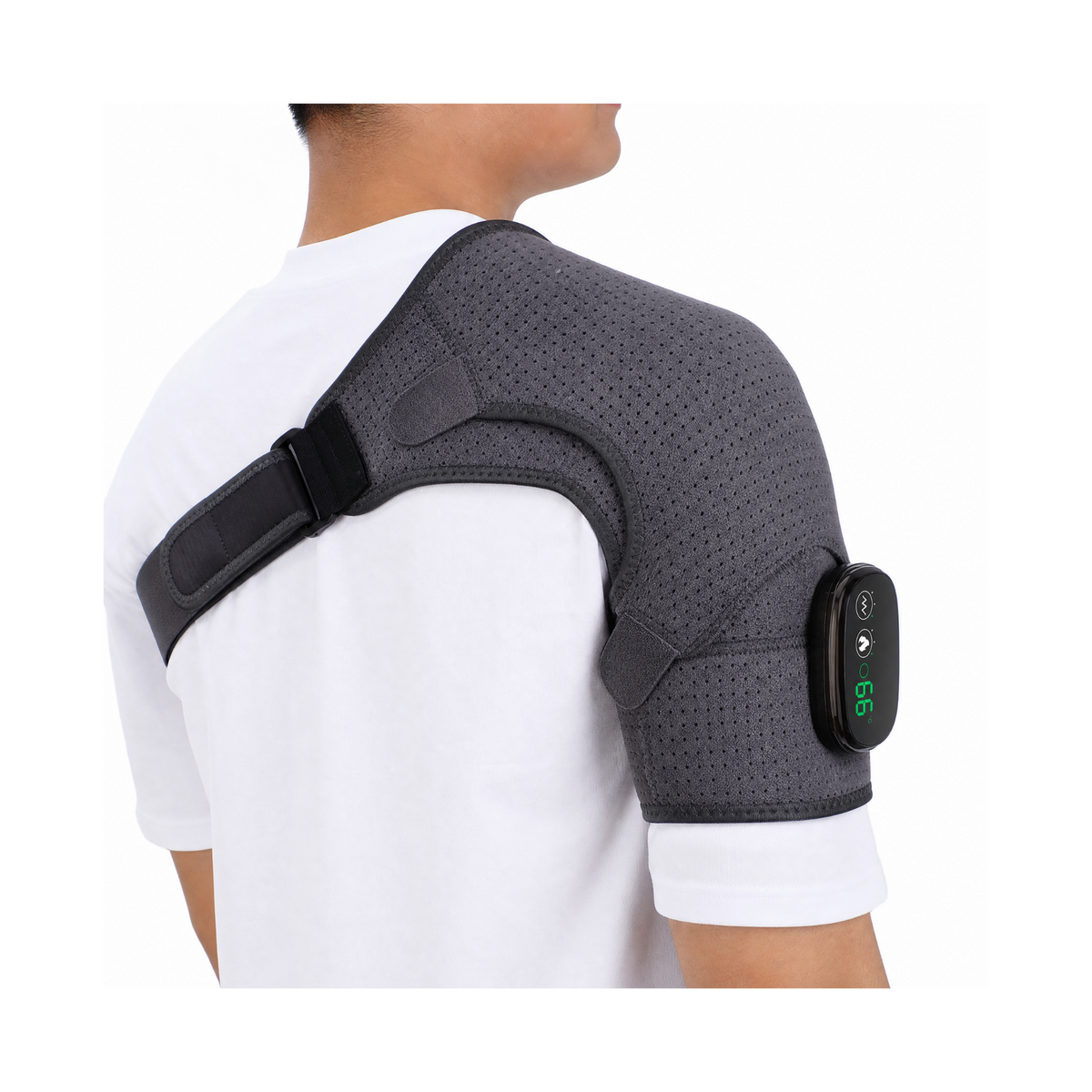 Pure Gray heated shoulder warmer rear angle showing breathable shoulder support and strap adjustment