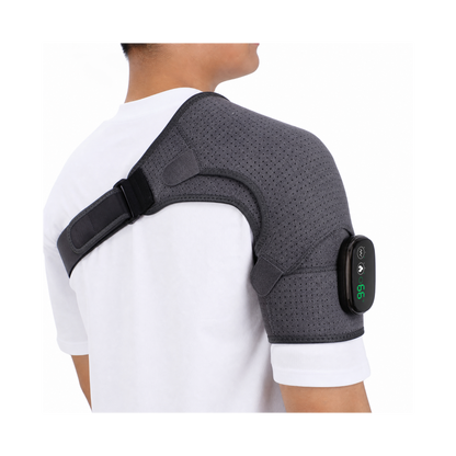 Pure Gray heated shoulder warmer rear angle showing breathable shoulder support and strap adjustment