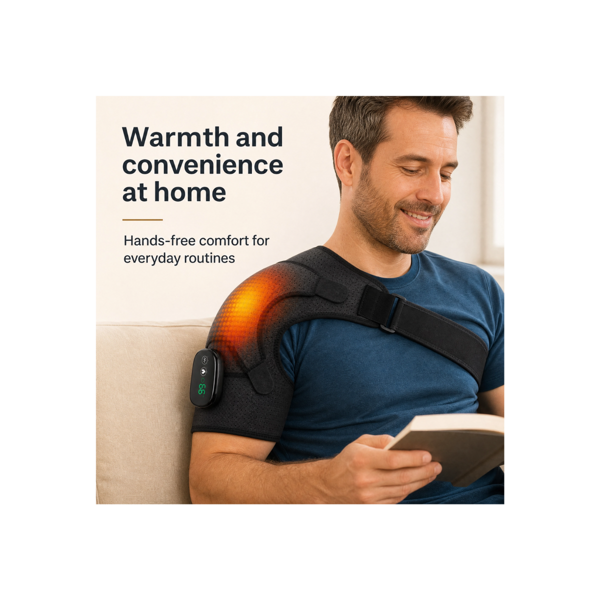Comfortley shoulder massager with heat and USB recharge customer benefits graphic