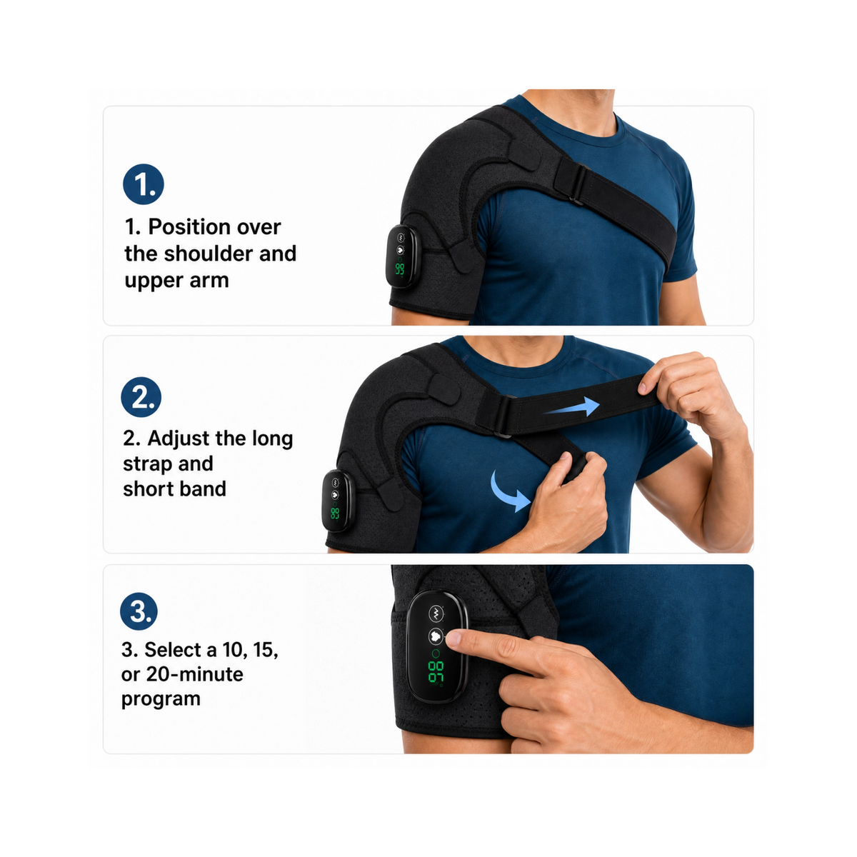 Comfortley shoulder massager with heat and USB recharge how to use graphic