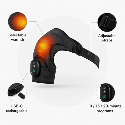Comfortley shoulder massager with heat and USB recharge additional main features graphic