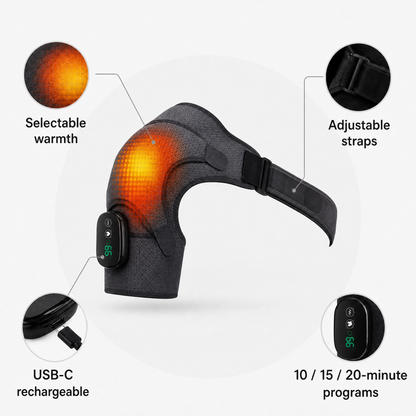 Comfortley shoulder massager with heat and USB recharge main features graphic