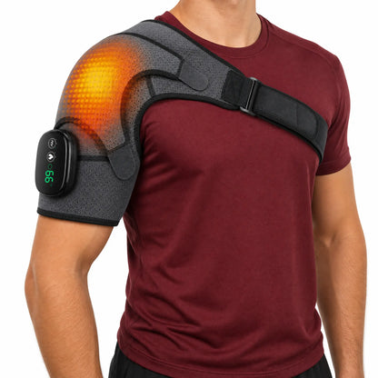 Comfortley shoulder massager with heat in Black Gray worn with an adjustable strap