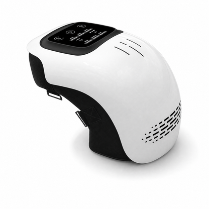 Comfortley white intelligent knee massager side detail on a white background