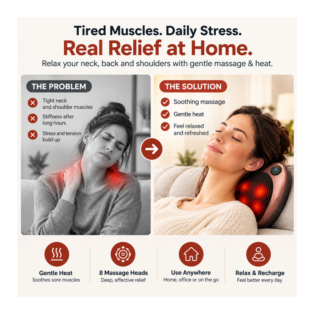 An infographic comparison graphic for a neck and shoulder massage pillow. The left side, labeled 'THE PROBLEM' in black and white, shows a woman with a red highlighted neck and shoulder indicating stiffness and tension.
