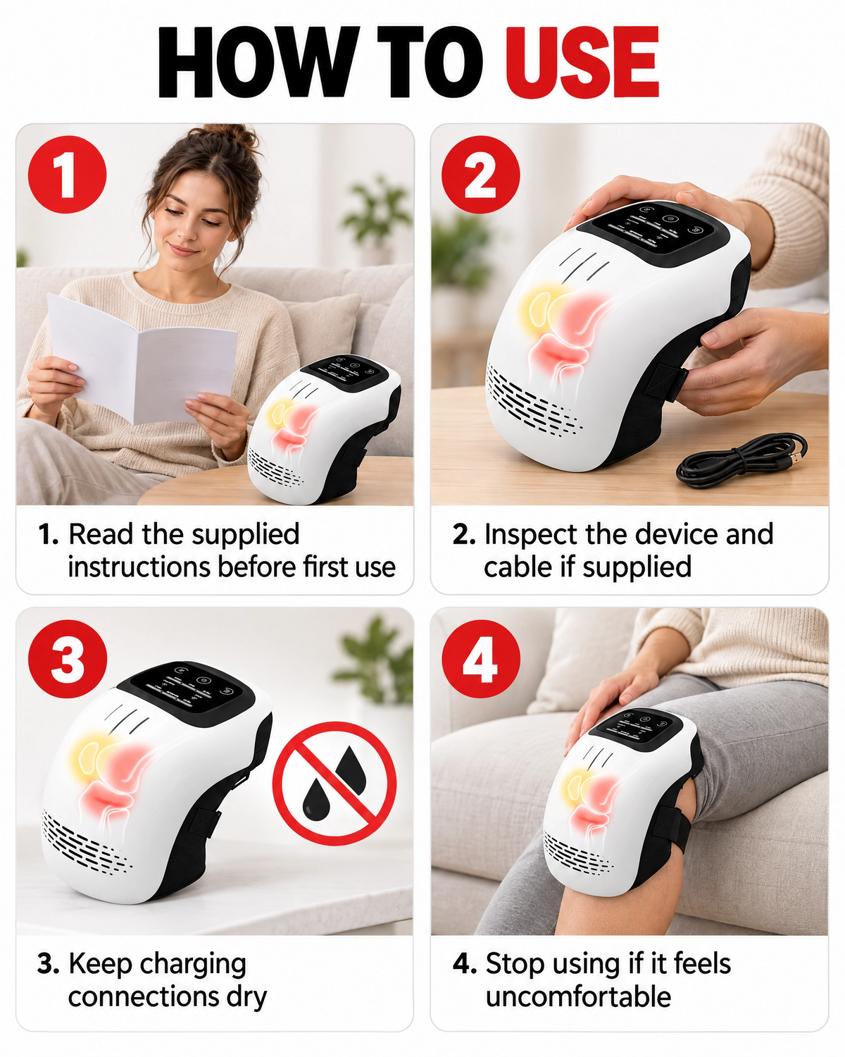 A four-step 'HOW TO USE' instructional graphic showing a person sitting on a couch using a white and black electronic foot massager. The panels include text instructions: read the instructions, inspect the device and cable, keep charging connections dry, and stop using if it feels uncomfortable.