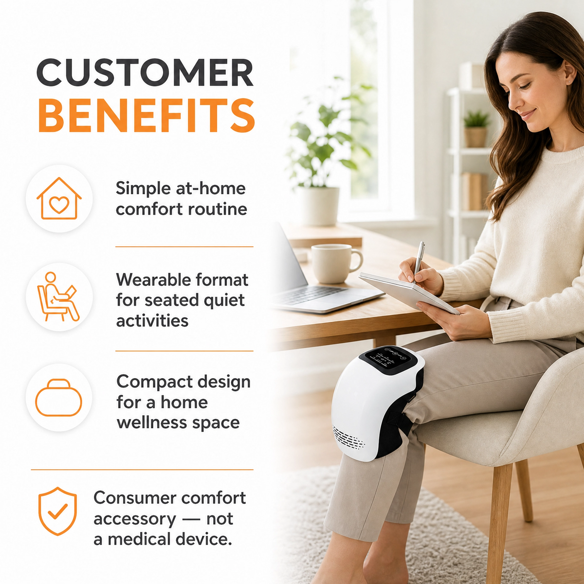 A woman sits at a desk in a bright home office, writing in a notebook while wearing a white and black knee massager on her leg. The left side features a 'CUSTOMER BENEFITS' section with text and icons describing the product's features, such as simple at-home comfort routine, wearable format for seated quiet activities, compact design, and consumer comfort accessory.