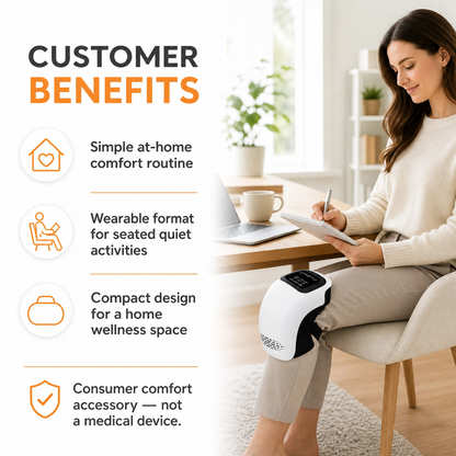 A woman sits at a desk in a bright home office, writing in a notebook while wearing a white and black knee massager on her leg. The left side features a 'CUSTOMER BENEFITS' section with text and icons describing the product's features, such as simple at-home comfort routine, wearable format for seated quiet activities, compact design, and consumer comfort accessory.