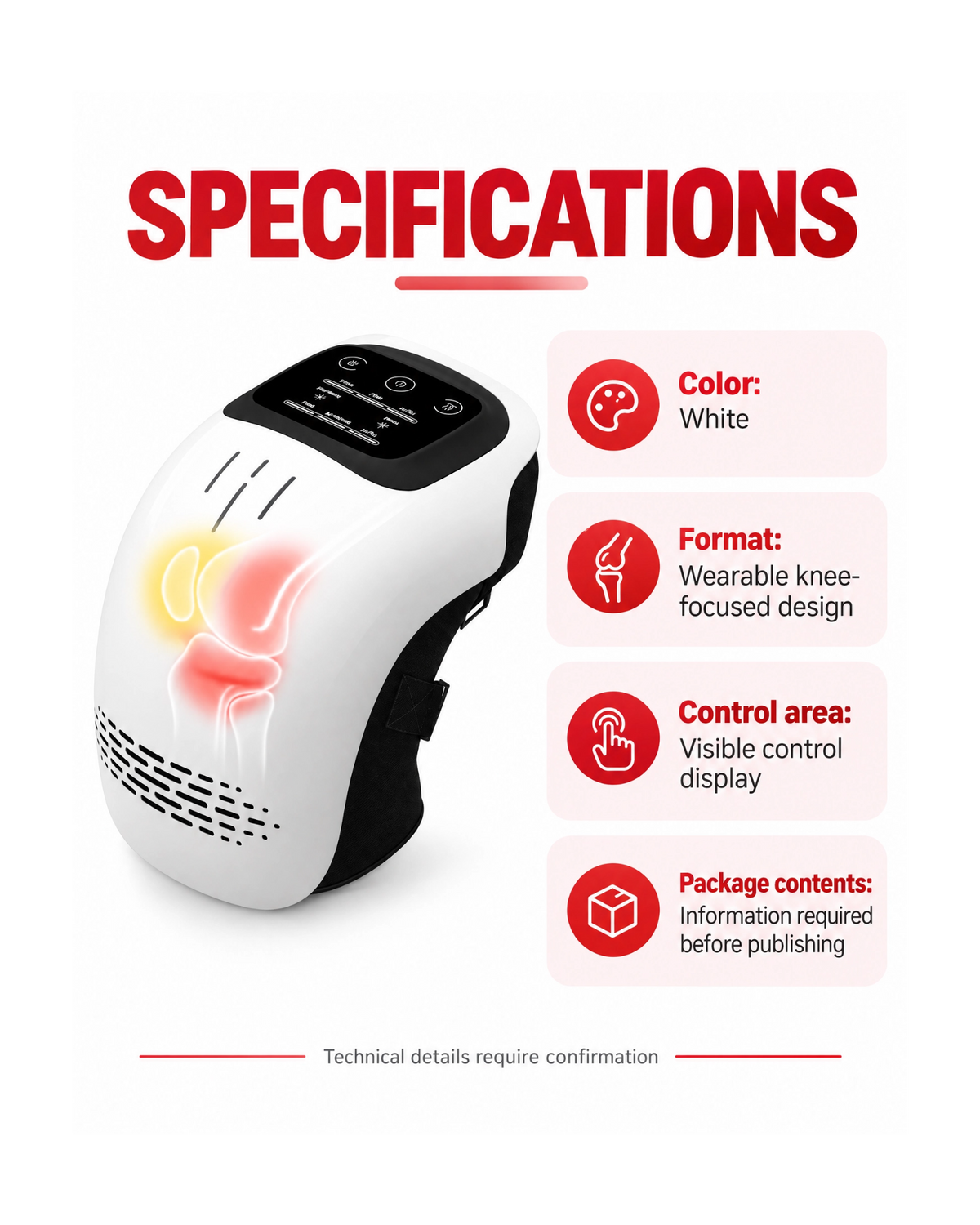 A white and black wearable knee-focused device shown on a light gray background with large red 'SPECIFICATIONS' text and feature callouts including color, format, control area, and package contents.