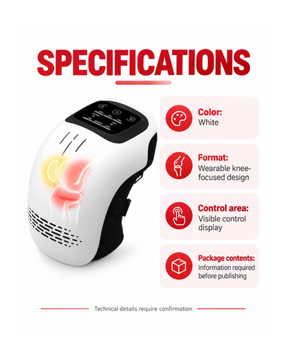 A white and black wearable knee-focused device shown on a light gray background with large red 'SPECIFICATIONS' text and feature callouts including color, format, control area, and package contents.