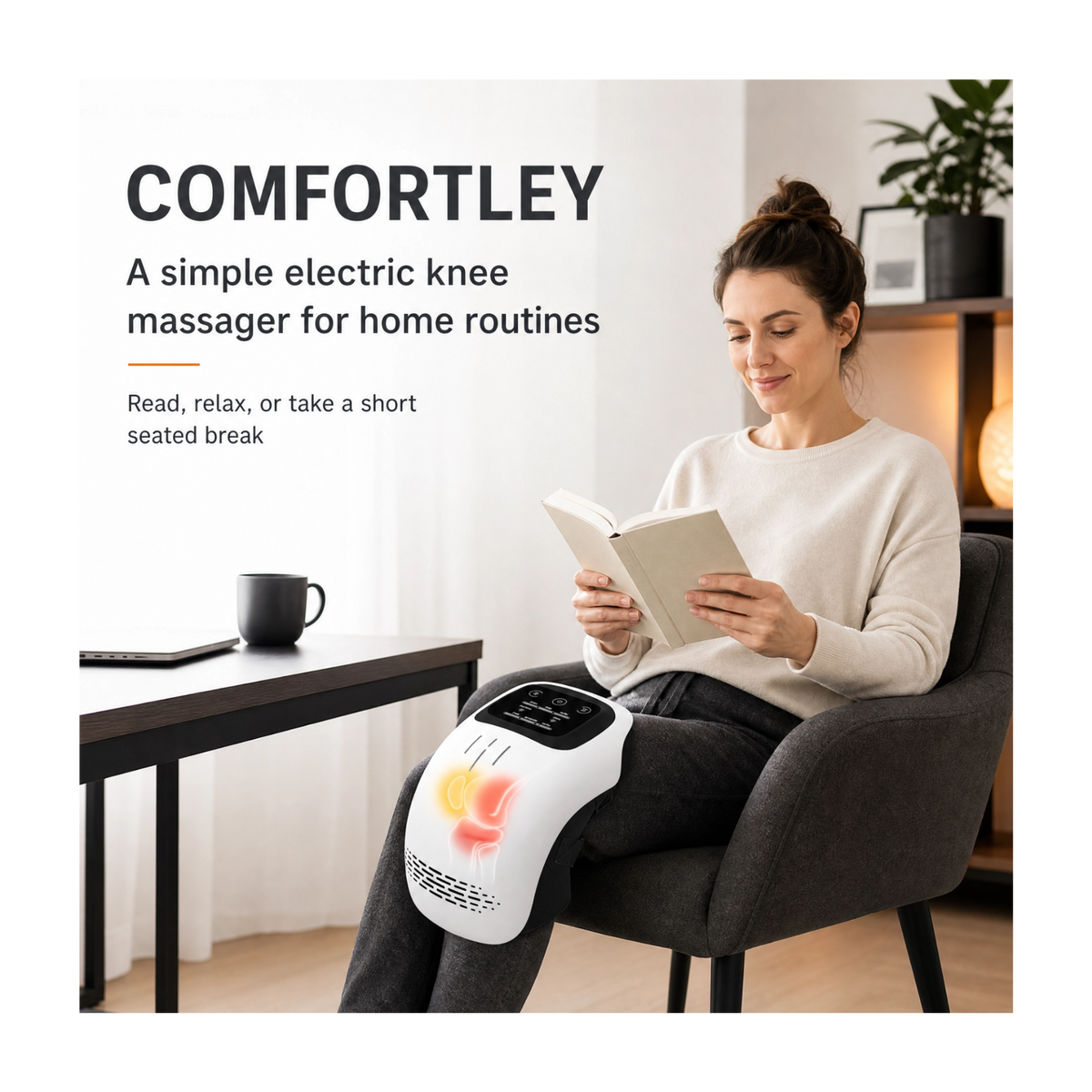 A woman sits in a gray armchair reading a book while using a white Comfortly electric knee massager on her leg in a bright home office setting.