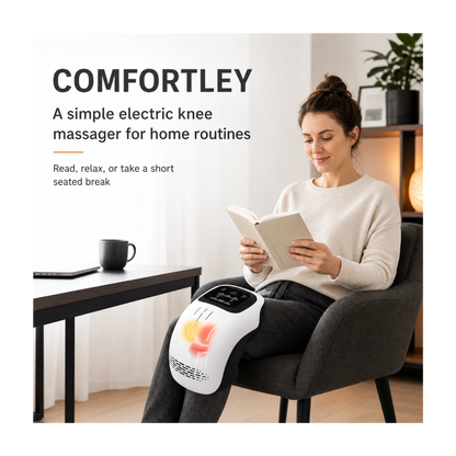 A woman sits in a gray armchair reading a book while using a white Comfortly electric knee massager on her leg in a bright home office setting.